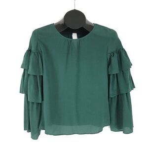 Madewell Silk Ruffle Sleeve Top Women's XS Green Tiered Keyhole Holiday Career